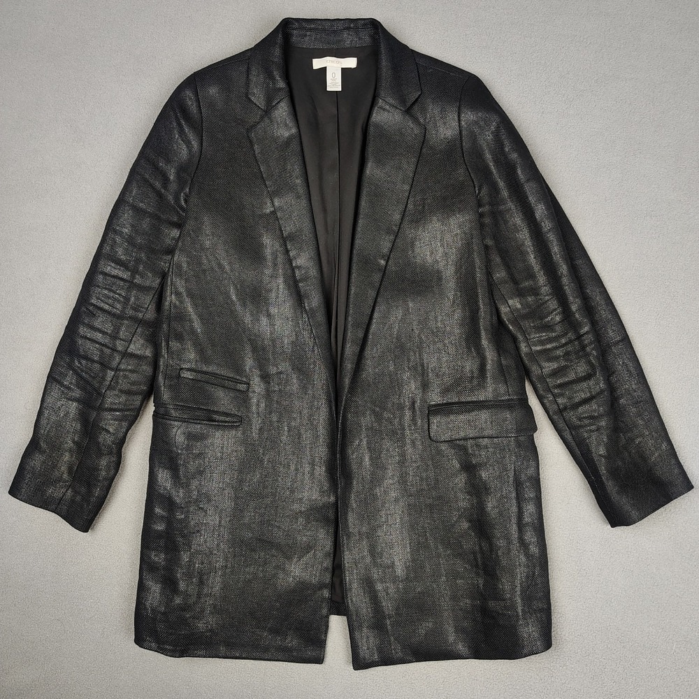 Chicos 100% Linen Blazer Jacket Size 0 Black Open Front Lined Career Preppy